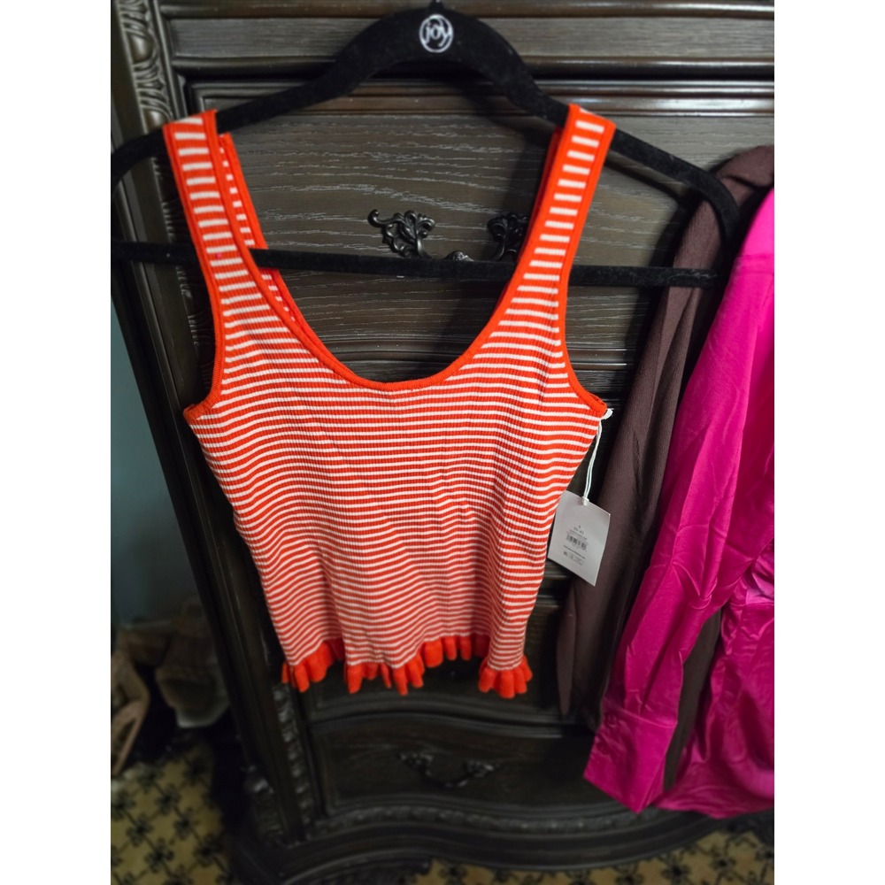 Free Assembly Ruffle U Neck Tank Top Popsicle Orange Stripe Ribbed Knit Smll 4-6
